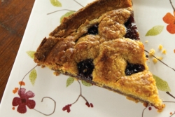 Slice of linzer torte on a decorative plate 